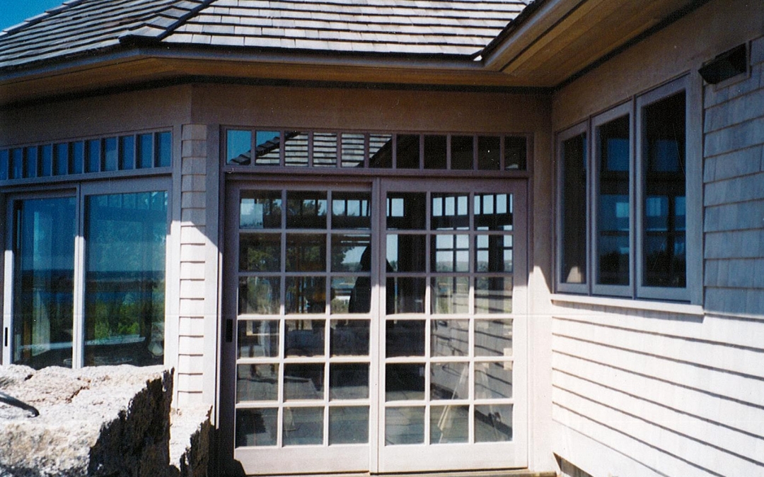 Mahogany/Cherry Sliding Door with Transom and Brass Sill